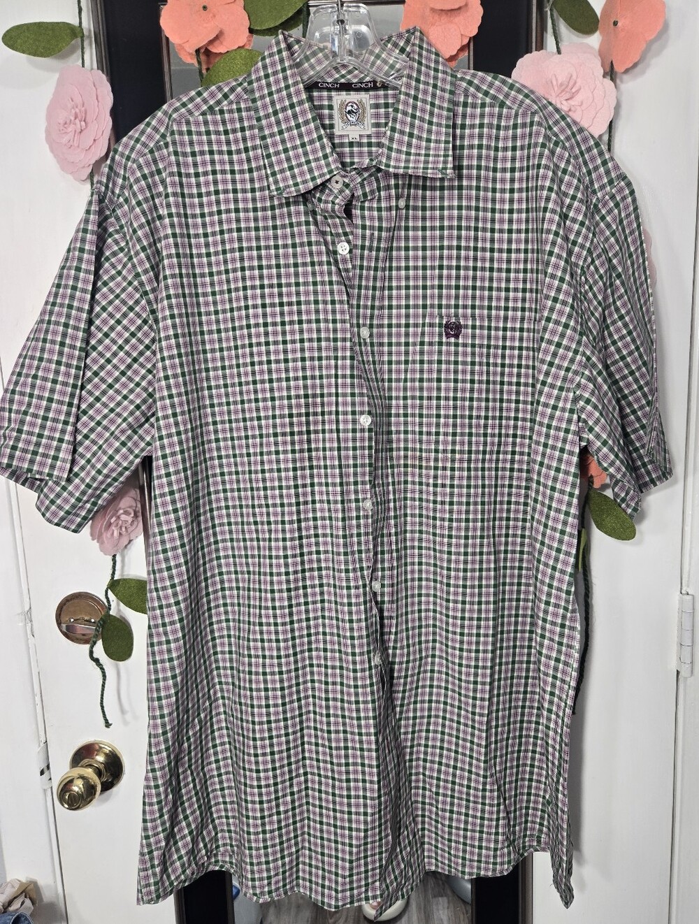 Men's Cinch Button Down Plaid Shirt Short Sleeve 100% Cotton Purple/green Sz XL